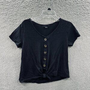 Sanctuary Womens Top Medium Black Tie Button Front Short Sleeve Shirt Casual